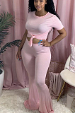 Pink Casual Polyester Short Sleeve Round Neck Tee Top Flare Leg Pants Sets GL6291