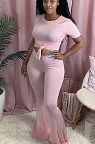 Pink Casual Polyester Short Sleeve Round Neck Tee Top Flare Leg Pants Sets GL6291