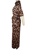 Casual Polyester Leopard Half Sleeve Lapel Neck Waist Tie Mid Waist Long Dress QQM4048