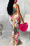 Casual Polyester Sleeveless Round Neck Flounce All Over Print Long Dress SMR9671