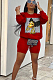 Red Casual Polyester Figure Graphic Long Sleeve Round Neck Tee Top Shorts Sets W8311