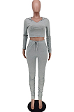 Grey Casual Polyester Long Sleeve Ruffle Hoodie Long Pants Sets HY5172