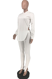 White Casual Polyester Long Sleeve Split Hem Hoodie Long Pants Sets LY5863