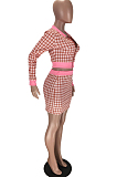 Red Casual Polyester Plaid Long Sleeve Utility Blouse Above Knee / Short Skirt Sets LMM8177