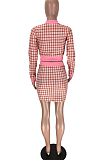 Red Casual Polyester Plaid Long Sleeve Utility Blouse Above Knee / Short Skirt Sets LMM8177