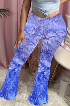 Blue Casual Polyester Tie Dye High Waist Flare Leg Pants HY5169