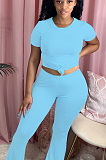 Royal Blue Casual Polyester Short Sleeve Round Neck Tee Top Flare Leg Pants Sets HY5168