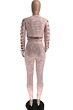 Pink Casual Polyester Tie Dye Long Sleeve Round Neck Hollow Out Ripped Utility Blouse Long Pants Sets LY5862