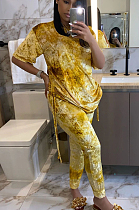 Yellow Casual Polyester Tie Dye Short Sleeve Round Neck Pleated Tee Top Long Pants Sets W8317