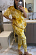 Yellow Casual Polyester Tie Dye Short Sleeve Round Neck Pleated Tee Top Long Pants Sets W8317