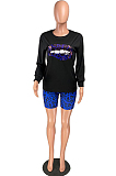 Blue Casual Polyester Mouth Graphic Long Sleeve Round Neck Tee Top Shorts Sets W8308