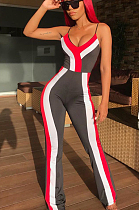 Red Sexy Polyester Striped Sleeveless Cami Jumpsuit HHM6143