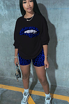 Blue Casual Polyester Mouth Graphic Long Sleeve Round Neck Tee Top Shorts Sets W8308