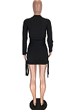 Black Casual Polyester Mouth Graphic Long Sleeve Round Neck Knotted Strap Mid Waist Long Dress LMM8173