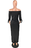 Black Casual Polyester Letter Long Sleeve Split Hem Long Dress W8315