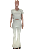 Grey Casual Polyester Short Sleeve Round Neck Knotted Strap Tee Top Flare Leg Pants Sets LMM8176