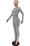 Grey Casual Polyester Long Sleeve Ruffle Hoodie Long Pants Sets HY5172