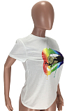 White Casual Polyester Mouth Graphic Short Sleeve Round Neck Tee Top LMM8170