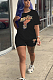 Black Casual Polyester Short Sleeve Round Neck Tee Top Shorts Sets SN3771