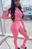 Pink Casual Polyester Long Sleeve Round Neck Tee Top Flare Leg Pants Sets LMM8175