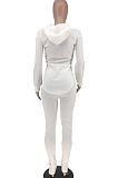 White Casual Polyester Long Sleeve Split Hem Hoodie Long Pants Sets LY5863