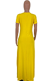 Yellow Casual Polyester Short Sleeve V Neck Long Dress YT3205