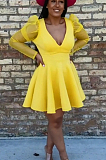 Yellow Sexy Polyester Long Sleeve V Neck Mid Waist A Line Dress HHM6196