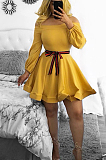 White Casual Polyester Long Sleeve Waist Tie A Line Dress HG5115