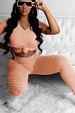 Orange Pink Casual Polyester Short Sleeve V Neck Ruffle Tee Top Long Pants Sets MA6580