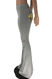Light Grey Casual Polyester Mouth Graphic Mid Waist Flare Leg Pants LY5857