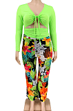 Green Sexy Polyester Floral Long Sleeve Utility Blouse Long Pants Sets EF20638