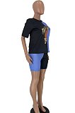 Black Blue Casual Polyester Short Sleeve Round Neck Spliced Tee Top Shorts Sets YT3212