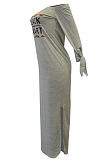 Light Grey Casual Polyester Letter Long Sleeve Split Hem Mid Waist Long Dress ALS039