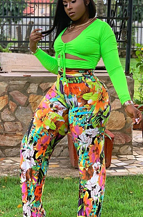 Green Sexy Polyester Floral Long Sleeve Utility Blouse Long Pants Sets EF20638