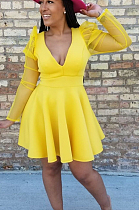 Yellow Sexy Polyester Long Sleeve V Neck Mid Waist A Line Dress HHM6196