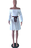 White Casual Polyester Long Sleeve Waist Tie A Line Dress HG5115