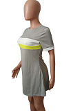 Light Grey Casual Polyester Short Sleeve Round Neck High Waist A Line Dress HM5117
