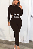Brown Casual Polyester Letter Long Sleeve Round Neck Tee Top Long Pants Sets LY5860