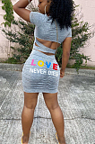 Grey Sexy Polyester Letter Short Sleeve Round Neck Backless Ruffle Mid Waist Mini Dress GL6269