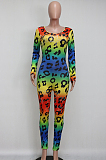 Casual Polyester Leopard Long Sleeve Round Neck Bodycon Jumpsuit Q664