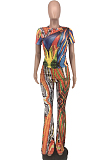 Multicolor Orange Casual Polyester Short Sleeve Round Neck Tee Top Flare Leg Pants Sets LY5865