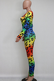 Casual Polyester Leopard Long Sleeve Round Neck Bodycon Jumpsuit Q664