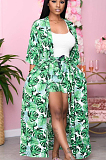 Green Casual Polyester Half Sleeve Waist Tie Utility Blouse Shorts Sets HG050