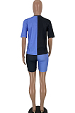 Black Blue Casual Polyester Short Sleeve Round Neck Spliced Tee Top Shorts Sets YT3212