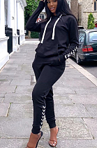 Black Casual Polyester Long Sleeve Hoodie Long Pants Sets BM7016