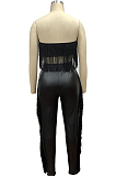 Black Sexy Pu Leather Sleeveless Tassel Hem Bandeau Bra Long Pants Sets MY9578