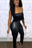 Black Sexy Pu Leather Sleeveless Tassel Hem Bandeau Bra Long Pants Sets MY9578