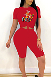 Casual Venetian Cartoon Graphic Short Sleeve Round Neck Tee Top Shorts Sets T3405