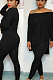 Black Casual Polyester Long Sleeve Split Hem Tee Top Long Pants Sets WJ5103