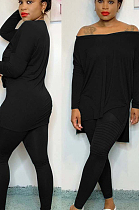 Black Casual Polyester Long Sleeve Split Hem Tee Top Long Pants Sets WJ5103